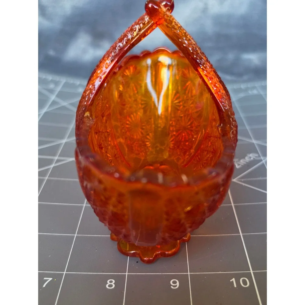 Vintage Amberina Glass Basket Daisy and Button Pattern Orange Red 6 Inch